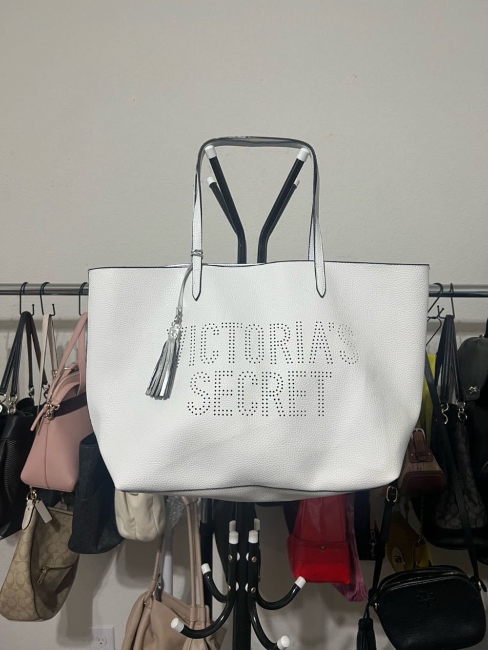 Victoria's Secret White Perforated Logo Tote with Tassel